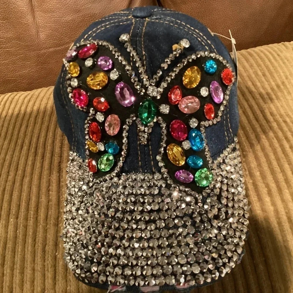 Rhinestone Denim Cap For Women and Girls, Buckle Closure, Multi Colored